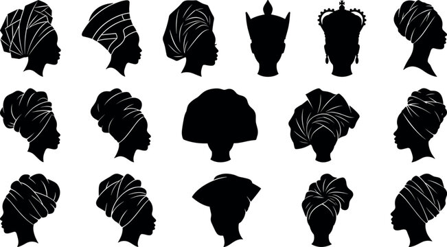 Traditional African Woman Headwrap Silhouette Collection with Gele Headscarves Turban Designs Crowns and Ethnic Headwear Icons for Black Culture Fashion Graphic Designs