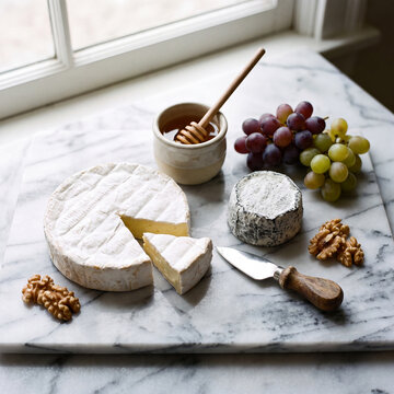 Cheese board with brie goat cheese honey grapes and walnuts on marble by window