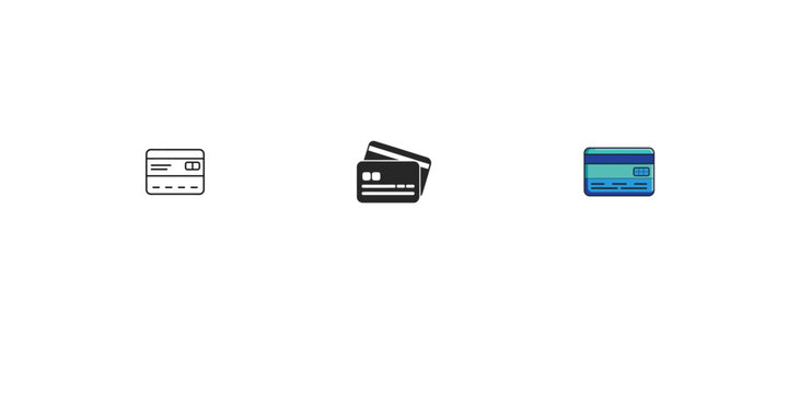 Credit card icon set with various styles, including outline, glyph, and colored versions.