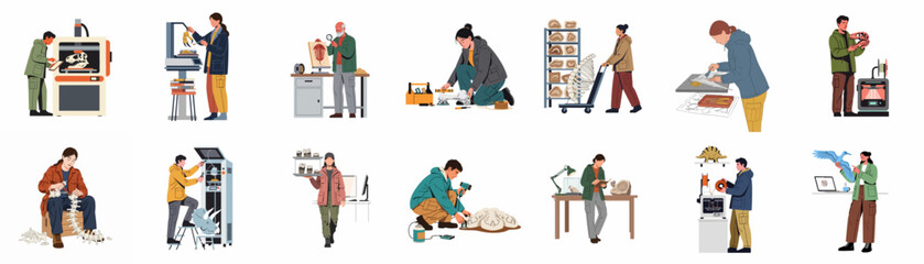 Flat vector illustrations of paleontologists using 3D printers, scanners, and traditional tools to study, restore, and replicate dinosaur fossils and ancient remains. © Sabrina