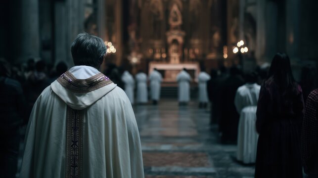 Ash Wednesday mass, church interior with priest in focus, parishioners lined up to receive ashes, cinematic depth of field, realistic 8k 