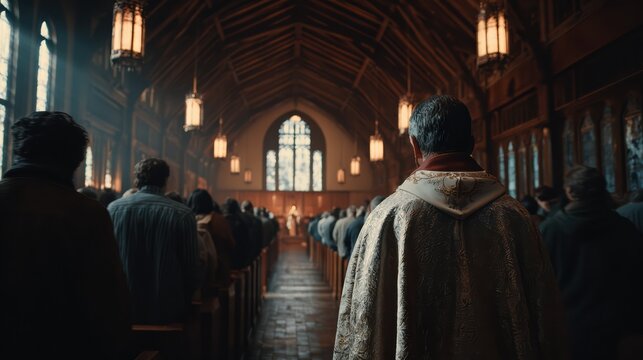 Ash Wednesday mass, church interior with priest in focus, parishioners lined up to receive ashes, cinematic depth of field, realistic 8k 