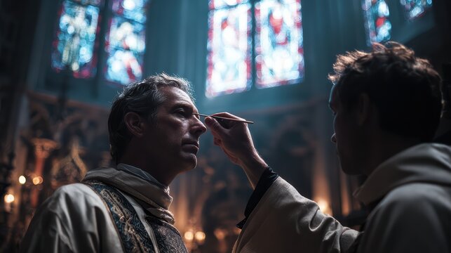 Ash Wednesday mass, church interior with priest in focus, parishioners lined up to receive ashes, cinematic depth of field, realistic 8k 