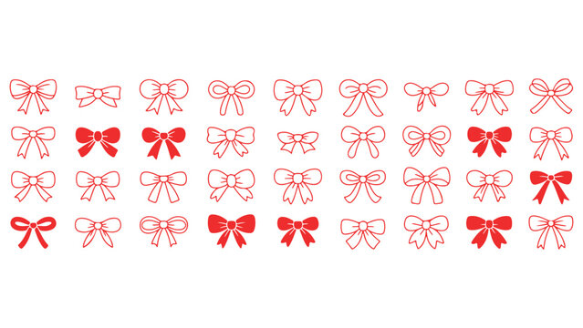 Collection of various decorative ribbon bow elements in flat red style on white background.