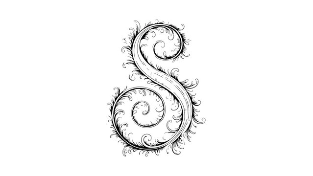 Vintage floral letter s ornate initial monogram decorative calligraphy sketch illustration.