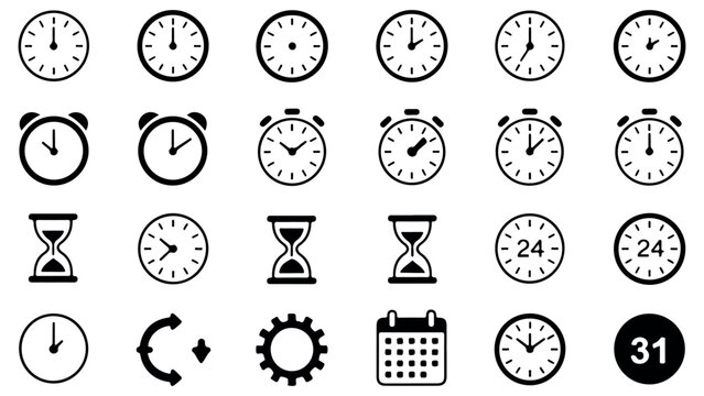 Collection of clocks alarms hourglasses calendar and rotation icons in black and white vector style.