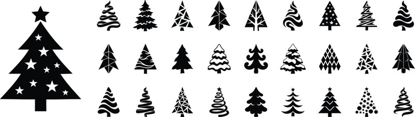 Obraz premium Christmas tree vector set with star topper, green cartoon fir tree illustration, black silhouette and line art icons for holiday design