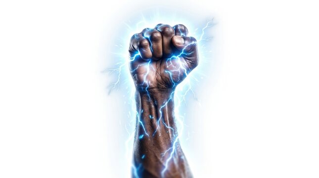 Strong human fist raised up with glowing blue electricity sparks and energy lightning bolts isolated on white background isolated on white background