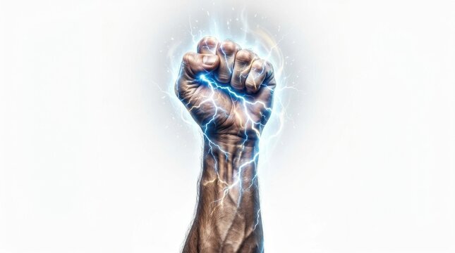 Strong human fist raised up high with bright blue electric lightning energy glowing around the hand and forearm muscles isolated on white background