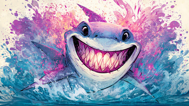 High-energy comic-style illustration of a manic blue shark with a wide, toothy grin bursting through explosive pink paint splashes and churning ocean waves on a light canvas