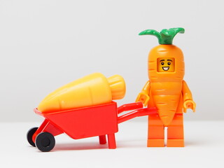 Fototapeta premium Indonesia - February 8, 2026 : Mini toy of action figure at outdoor with blurred background. Miniature photography concept design. Minifigure of carrot guy character at farmland. Agriculture theme.