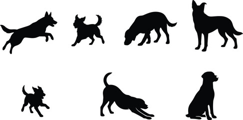Fototapeta premium Vector silhouettes of dogs in multiple poses including running, sitting, stretching, sniffing, and playful stances