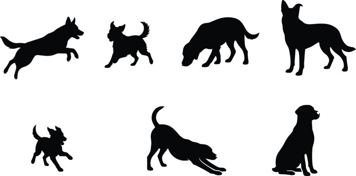 Vector silhouettes of dogs in multiple poses including running, sitting, stretching, sniffing, and playful stances