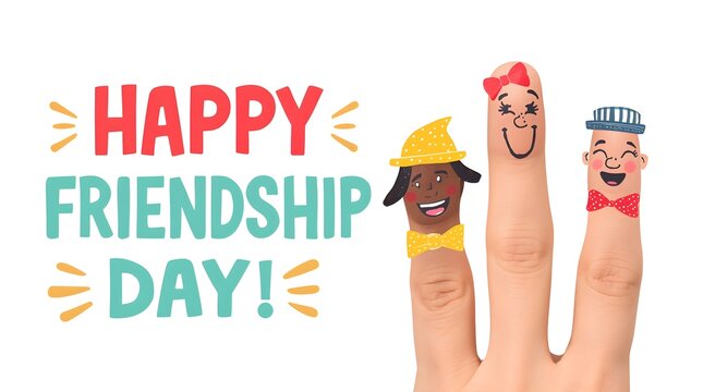 Group of Hands Celebrating Friendship Day with Smiley Faces and Party Hats Illustration