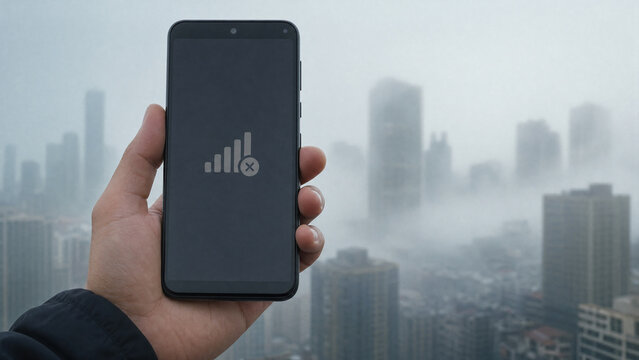 Hand holding smartphone showing no signal icon against foggy city skyline