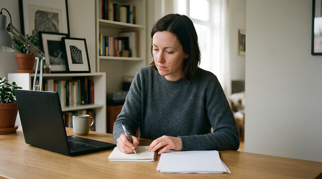 A woman working at a home desk with the laptop screen switched off, framed from the waist up