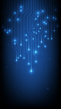 Abstract glowing blue digital circuit board lines network background connecting futuristic technology data nodes, cyber security concept, big data system and artificial intelligence connection