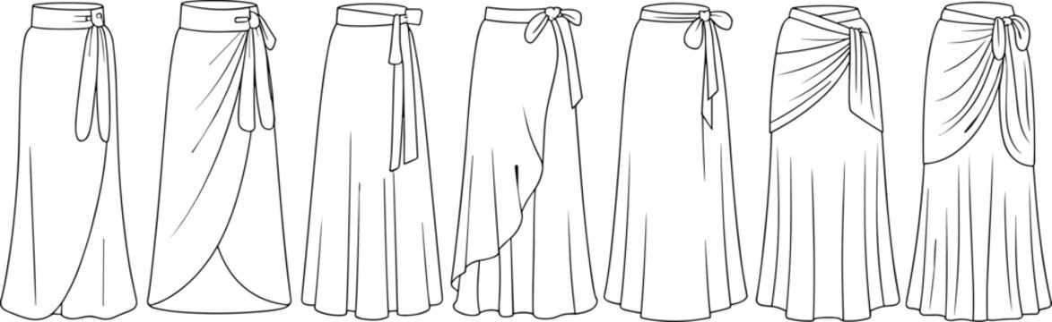 Black and white of seven long dresses with varying sleeve styles neckline