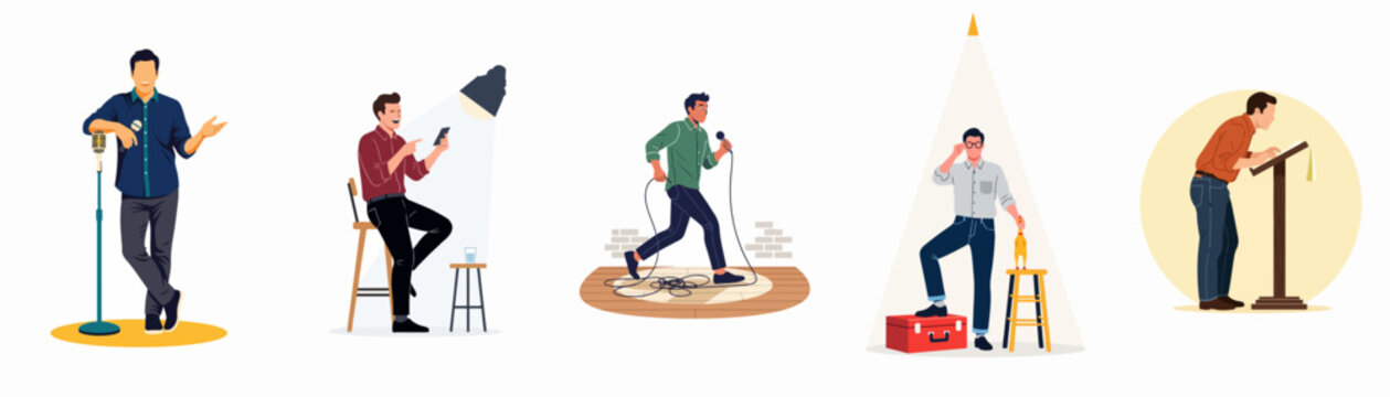 Flat vector illustration set of diverse stand-up comedians performing on stage with microphones, stools, and spotlights in various humorous situations.