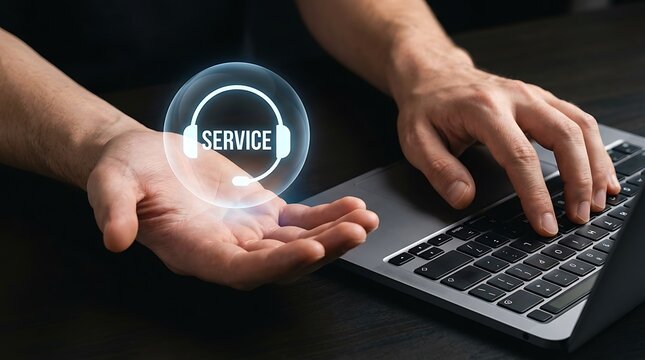 Customer service representative using laptop. Digital support agent offering online help.