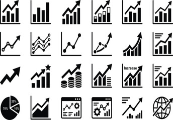 Fototapeta premium Set of black business finance growth chart and data analytics icons isolated on white background