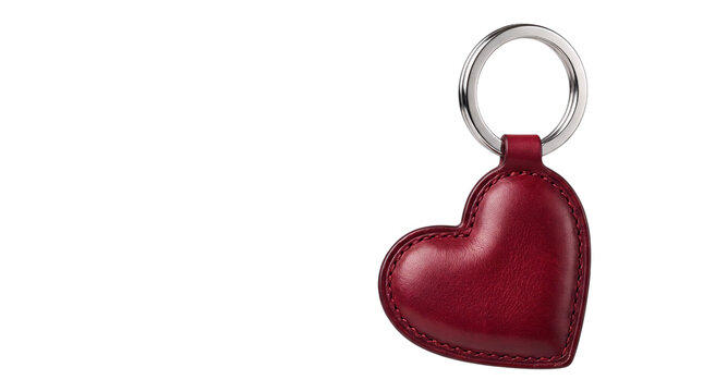 Red leather heart shaped keychain with silver png isolated on transparent background