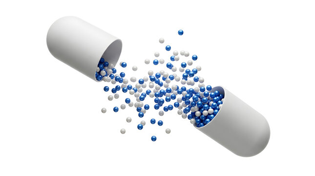 3D medical capsule releasing blue particles and beads. Digital pill design with scattered supplement granules for pharmaceutical visualization.