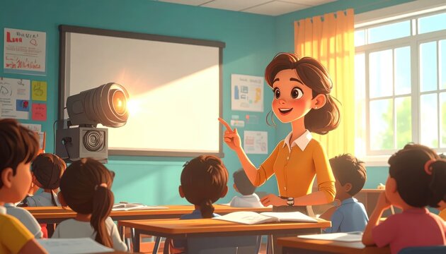 Animated teacher explaining lesson to diverse students in a bright, modern classroom with a projector and screen.