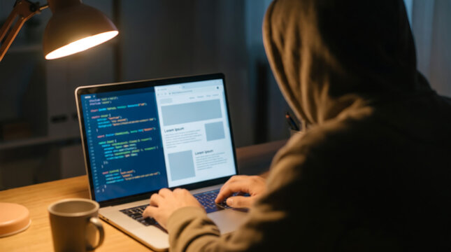 Hooded software developer coding at night with an intentional blurred background for cybersecurity articles, tech blog headers, and programming advertisements.