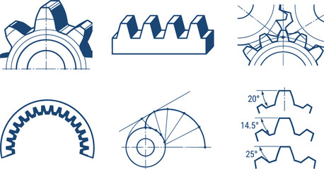 Obraz premium Mechanical Gear Profile Engineering Diagrams Set Featuring Involute Gear Tooth Profile, Spur Rack, Internal Ring Gear, Pressure Angle Comparison Chart, and Technical Drafting Blueprint Schemes