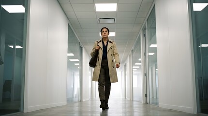 Fototapeta premium Professional woman in trench coat walking through modern office hallway
