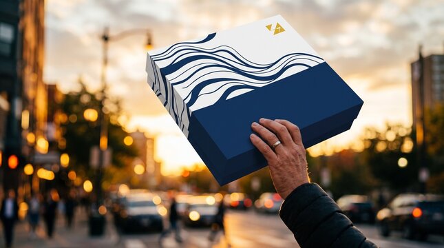 A hand holds up a stylish white and navy blue gift box with abstract wavy lines against a blurred urban street scene at sunset, symbolizing celebration, luxury, and gifting.