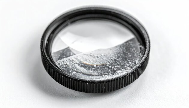 Close-up of a dusty camera lens cap with a clear glass element and textured black rim, isolated on a white background