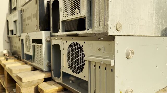 Empty computer towers are stacked on wooden pallets in an industrial storage area. The forgotten, dusty hardware evokes a somber feeling of neglect and obsolescence.