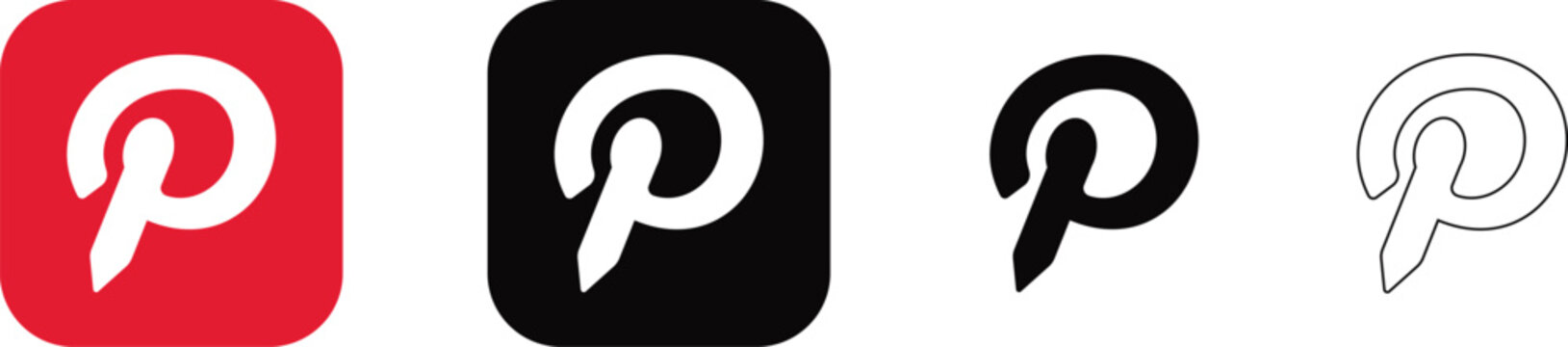 Pinterest social media logo icons set in different styles including red black and outline