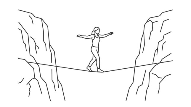 Woman balancing on tightrope across canyon line art.
