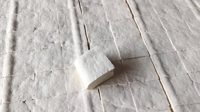 High Angle View of Raw White Bean Curd Tofu Pattern in Local Factory