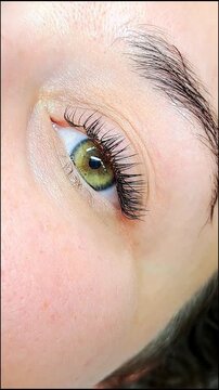 Close up of female eye with eyelash extensions ,eyelash extension procedure.2d volume, 3d volume, classical lashes,Russian volume,mega volume, new set.