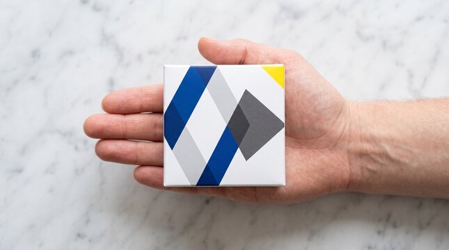 A hand holding a small square box featuring a geometric design with blue and gray parallelograms and a yellow triangle corner accent against a white marble background.