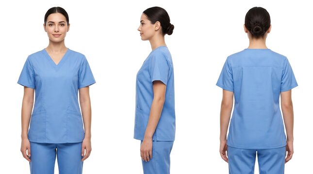Female healthcare worker wearing blue medical scrubs in turnaround catalog view