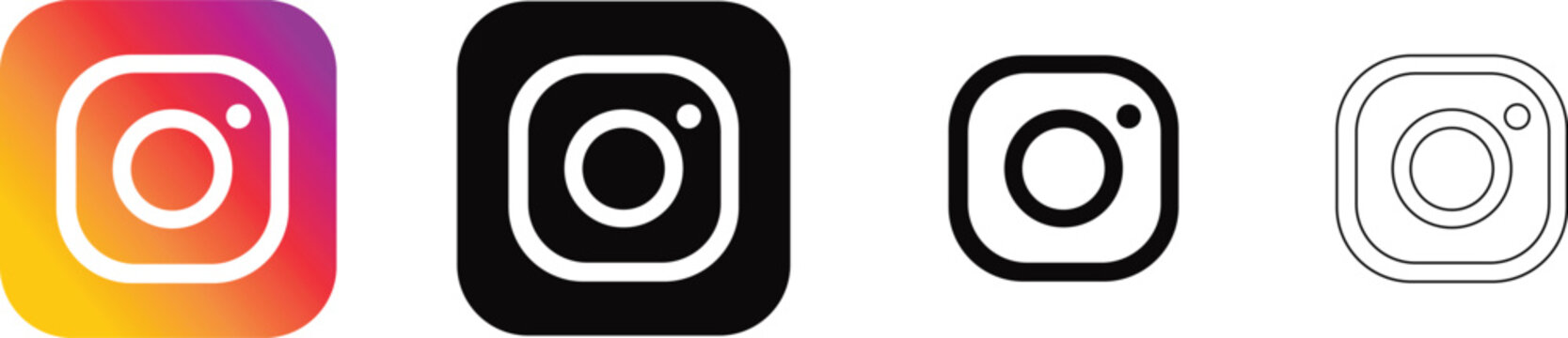 Set of instagram social media app logo icons in colorful gradient black solid and outline styles