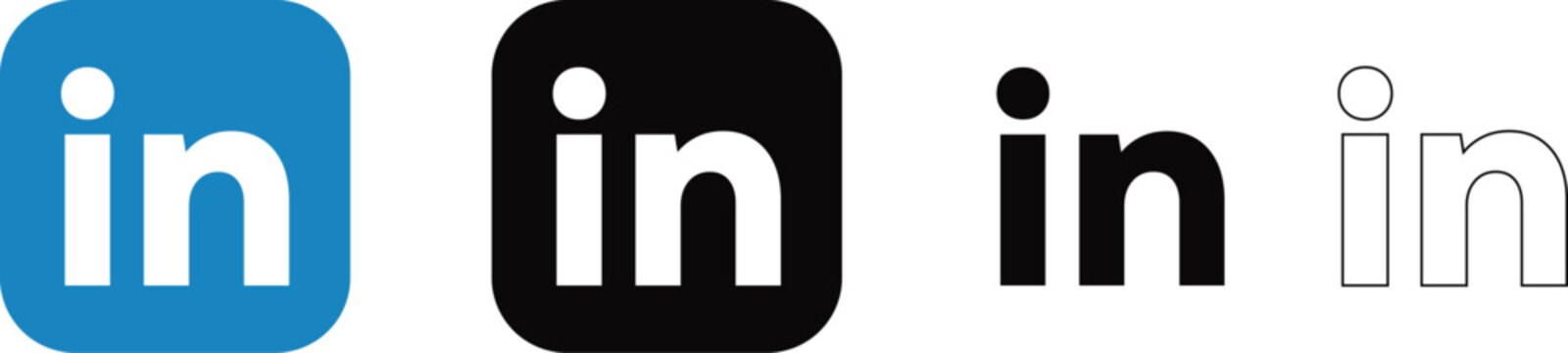 Set of linkedin logo icons in various styles including blue square black square solid black and outline versions for social media branding