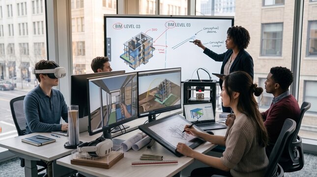 A diverse team of architects and engineers collaborating on a Building Information Modeling (BIM) project in a modern office. The workspace features VR headsets, 3D printing, digital drawing tablets. 