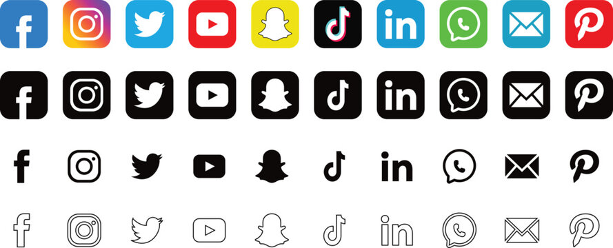 Set of popular social media and communication app logos in various styles including colorful flat black solid and outline line art versions