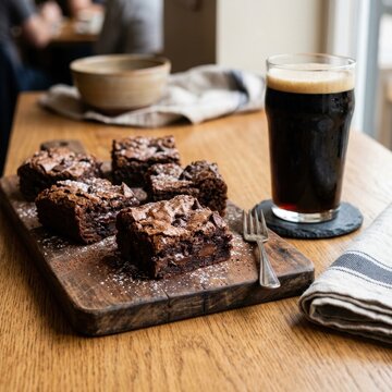 Chocolate brownies on board with glass of dark beer.
