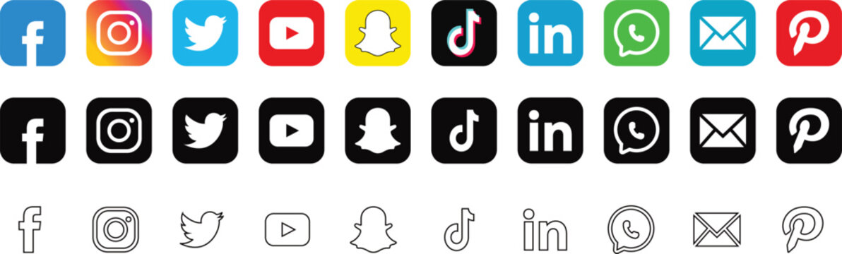 Set of popular social media icons in colorful black and outline styles for modern digital marketing and website design projects