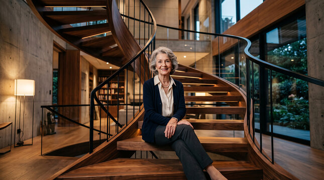 Elegant senior woman sitting gracefully on a modern wooden spiral staircase in a luxury contemporary home