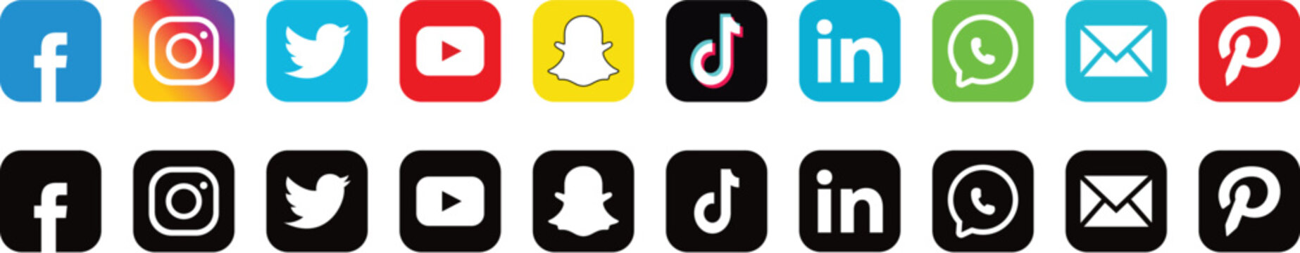 Set of popular social media network icons and communication app logos in colorful and black styles isolated on white background