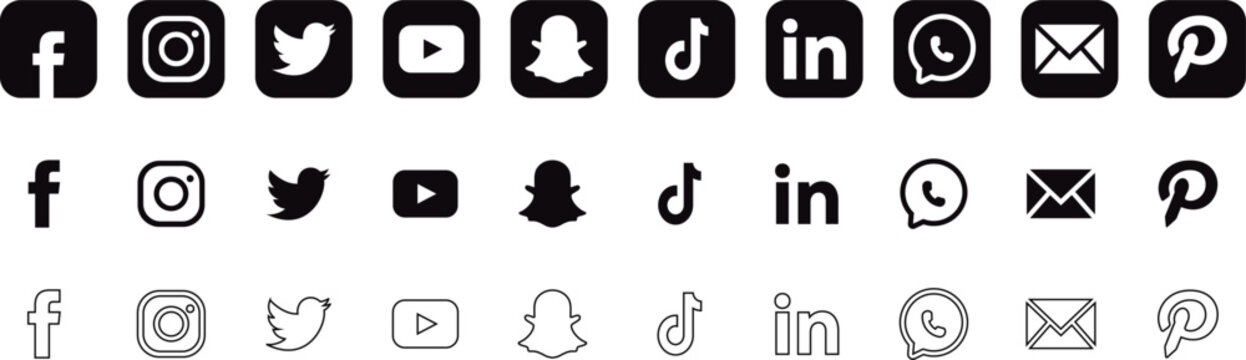 Set of popular social media network icons and communication app logos in various black and white styles isolated on a white background