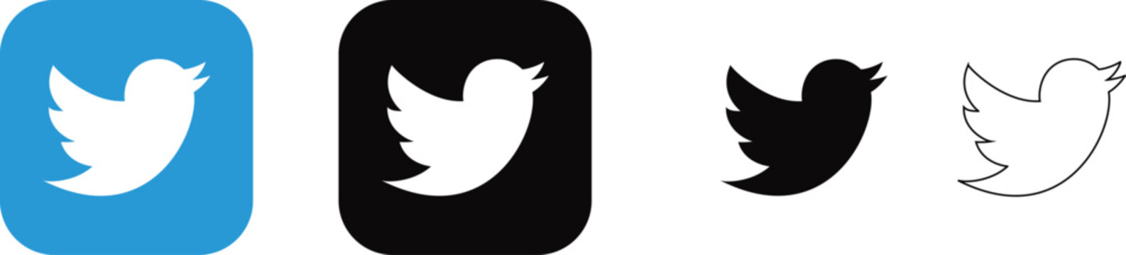 Set of twitter bird logo icons in different styles including blue, black, and outline versions